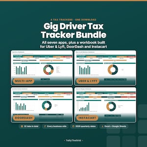 May include: A digital Gig Driver Tax Tracker Bundle featuring four dashboards for Uber, Lyft, DoorDash, and Instacart. The layout includes bar charts, pie charts, and financial data tables on a dark green background with white text and orange accents.