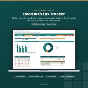 DoorDash Dasher tax and mileage tracker spreadsheet - listing cover preview. Instant-download template for Excel and Google Sheets. For DoorDash delivery drivers.