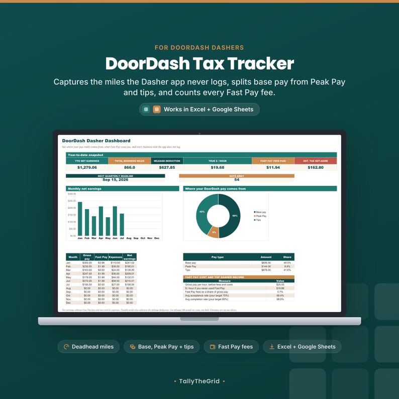 DoorDash Dasher tax and mileage tracker spreadsheet - listing cover preview. Instant-download template for Excel and Google Sheets. For DoorDash delivery drivers.