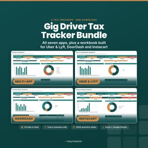 Gig Driver Tax Bundle | 4 Spreadsheets: Multi-App, Uber Lyft, DoorDash, Instacart | 1099 Mileage Log | Excel Google Sheets