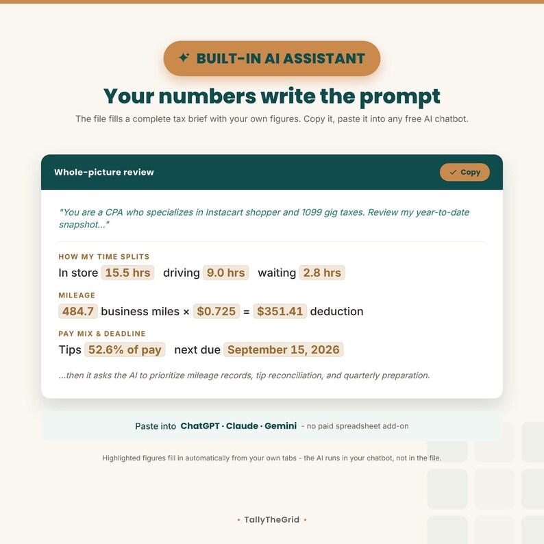 Instacart shopper tax and batch tracker spreadsheet - built-in AI Assistant tab. Instant-download template for Excel and Google Sheets. For Instacart shoppers.
