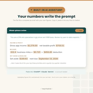 Gig driver tax and mileage tracker spreadsheet - built-in AI Assistant that writes a ready-to-paste tax brief. Instant-download template for Excel and Google Sheets. For DoorDash, Uber, Instacart and multi-app drivers.