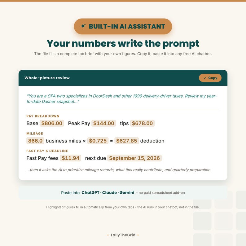 DoorDash Dasher tax and mileage tracker spreadsheet - built-in AI Assistant tab. Instant-download template for Excel and Google Sheets. For DoorDash delivery drivers.