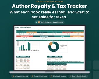 Author Royalty Tracker Spreadsheet | KDP Self Publishing Income & Expense Log, True Profit Per Book, Schedule C | Excel Google Sheets