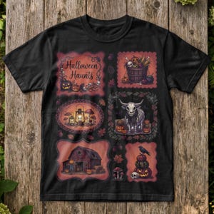 Halloween Haunts PNG Sublimation Design, Skeleton Highland Cow & Haunted Barn Graphic, Gothic Pumpkin Patch Skull PNG Digital Download