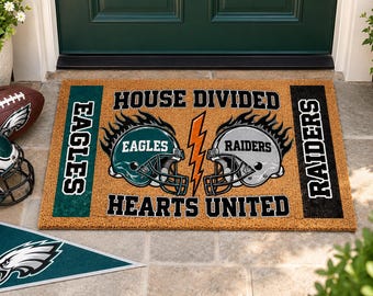 Personalized House Divided Football Doormat | Custom 2 Team Names & Colors | Rival Team Welcome Mat | Football Couple Gift | Game Day Decor