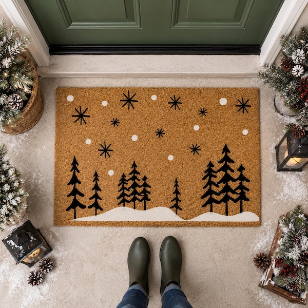 Christmas Doormat | Winter Doormat | Snowy Pine Tree Welcome Mat | Christmas Porch Decor | Winter Front Door Mat | Holiday Welcome Mat