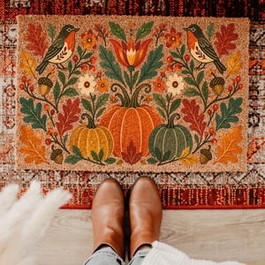 Folk Art Bird Door Mat, Floral Cottagecore Doormat, Boho Botanical Entry Rug, Seasonal Fall Welcome Mat, Housewarming Gift, Gardening Gifts
