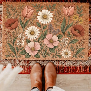 Tapis de porte fleuri, style cottagecore vintage, idéal pour les amoureux des plantes, tapis d'extérieur bohème et botanique, cadeau de jardinage, tapis d'entrée marguerite, cadeau d'automne