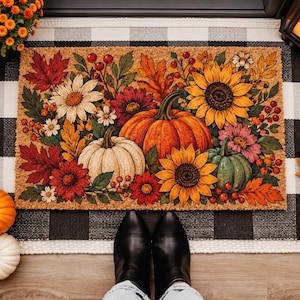 Tapis de porte vintage à motifs floraux, tapis d'entrée à motif automnal, cadeau idéal pour maman, tapis de bienvenue pour les amoureux des plantes, tapis d'entrée style cottagecore, tapis décoratif bohème style jardin botanique