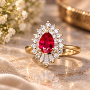 Puede incluir: Un anillo de oro con una piedra preciosa roja central en forma de pera, rodeada por un halo de diamantes blancos redondos de talla brillante y tres diamantes blancos de talla baguette en la base, sobre una banda de oro amarillo pulido.