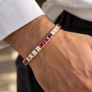 8Ct Princess Cut Lab Created Red Ruby Mens Tennis Bracelet 14K Yellow Gold Plated Diamond Bracelet  Fancy Bracelet Gift for Him Fine jewelry