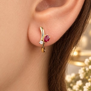 2CT Oval Cut Lab Created Red Ruby Women's Modern Hoop Earrings 14K Yellow Gold Finish, Elegant Jewelry, 925 Sterling Silver, Gift for Her