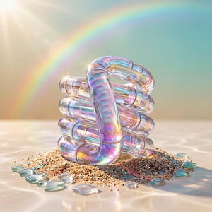 May include: A translucent, iridescent, coiled tube sculpture with a reflective, multi-colored surface. The object is shaped like a continuous, interconnected loop and rests upon a small mound of light-colored sand scattered with smooth, clear pebbles.