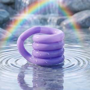 May include: A light purple, coiled, flexible sensory fidget toy with a smooth, glossy finish. The object is shaped like a stack of connected rings and is partially submerged in clear water, featuring small droplets on its surface.