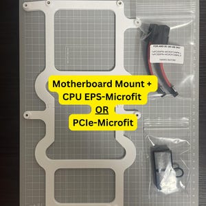 May include: A white motherboard mount frame with several mounting points, accompanied by two clear plastic bags containing black electrical cables and connectors. One bag includes a label reading FOR AMD BC-250 USE ONLY 1xPCIE6PIN-MICROFIT, 1xPCIE6PIN-MICROFIT, 18AWG SILICONE.