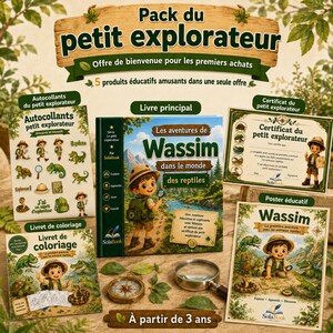 May include: A set of educational materials titled Pack du petit explorateur, including a book titled Les aventures de Wassim dans le monde des reptiles, a sticker sheet, a coloring book, a certificate, a poster, a compass, and a magnifying glass.