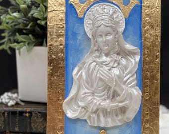 Original Catholic Art | Virgin Mary Gift | Rosary and Halo | Gold Leaf Wood Canvas | Oil Painting | Religious Decor Present