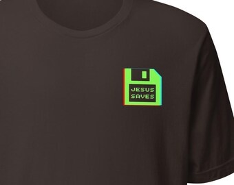 Jezus redt | Retro Disk Arcade Gamer | Linkerborst | Unisex T-shirt