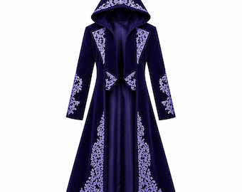 Lila Samtmantel mit Stickerei und Kapuze, Gothic-Fantasy-Cosplay-Kostüm