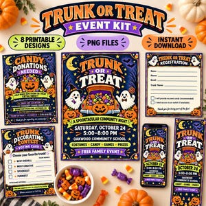 Pode incluir: Um kit de evento Trunk or Treat com designs imprimíveis e gráficos de Halloween, incluindo fantasmas, abóboras e doces. O conjunto inclui um folheto, formulário de registro, cartão de votação e gráficos móveis com detalhes do evento.