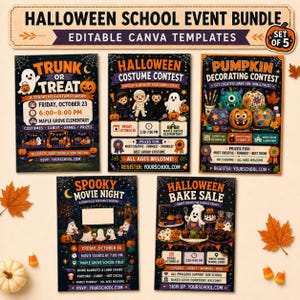 May include: A set of five Halloween school event flyers featuring editable Canva templates. The designs include themes for a Trunk or Treat, Costume Contest, Pumpkin Decorating Contest, Spooky Movie Night, and Bake Sale with orange and purple accents.