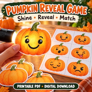 Puede incluir: Un juego Pumpkin Reveal en descarga digital PDF imprimible con ilustraciones de calabazas naranjas con diversas expresiones faciales. El set incluye recortes individuales de calabazas y una hoja de juego con seis calabazas que muestran caras felices, tristes, sorprendidas, guiñando un ojo, dormidas y enfadadas.