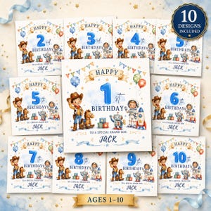 May include: A collection of ten birthday card designs featuring a cowboy, a rocking horse, a robot, and an astronaut. Each card displays a large blue number from 1 to 10, the text Happy Birthday, To a special grandson, and the name Jack.