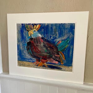Cuadro abstracto de arte popular de 1971: pintura de un gallo, arte mural de estilo rústico de mediados de siglo (con doble paspartú).
