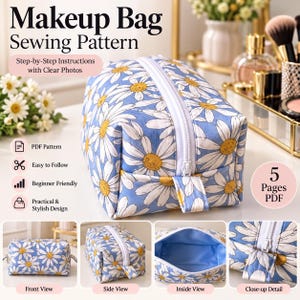 Patrón de costura en PDF para neceser de maquillaje, tutorial para estuche con cremallera, guía de costura para neceser de cosméticos, descarga digital.
