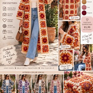 Puede incluir: Un cárdigan largo de ganchillo con un patrón de cuadrados granny en tonos beige, óxido, naranja, mostaza, rosa y burdeos. La prenda se muestra en varias vistas, incluyendo una vista frontal completa, una vista trasera y un primer plano del tejido.