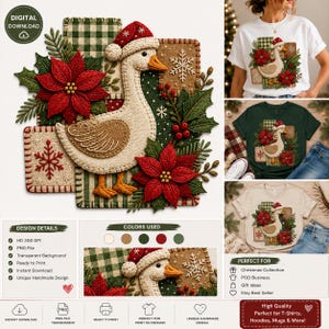 Kerstgans PNG, patchwork borduurstijl, vintage kerstontwerp (digitale download)