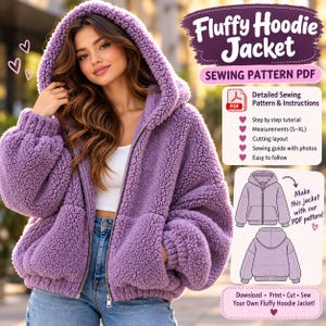 Puede incluir: Una chaqueta con capucha de tela peluda morada con cierre de cremallera frontal. La imagen incluye texto para un patrón de costura en PDF de chaqueta con capucha, con tutoriales, medidas de la S a la XL y una guía visual de montaje.