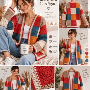 May include: A crochet patchwork cardigan featuring a multi-colored square pattern in shades of red, orange, blue, and beige. The open-front garment has long sleeves and a textured knit design. The image includes text such as Crochet Patchwork Cardigan.