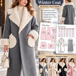 Op de afbeelding: Een naaipatroon voor een grijze winterjas met een grote, crèmekleurige sherpa kraag, manchetten en zakken. De afbeelding bevat tekst, een maattabel in centimeters, patronen en vier kleurvarianten: grijs, beige, zwart en roze.