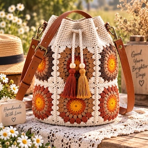 May include: A crochet bucket bag featuring a granny square pattern with circular motifs in shades of yellow, orange, and brown, accented by cream-colored yarn. The bag includes a brown leather strap, a drawstring closure with two tassels, and wooden beads.