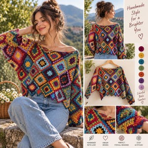 May include: A multi-colored crochet sweater featuring a square-patterned design with a scalloped hemline and long sleeves. The garment is composed of various vibrant yarn colors including red, yellow, blue, and purple. Text reads: Handmade Style for a Brighter You, Colorful Boho Timeless, Handmade with Love, Unique Design, Perfect for All Seasons, Cozy & Stylish.