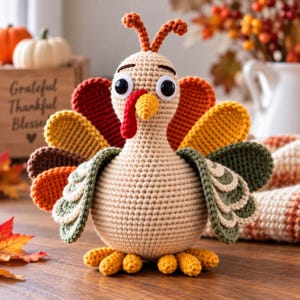 May include: A crocheted turkey figurine featuring a beige body, a red wattle, and a yellow beak. The tail feathers are layered in shades of dark red, orange, yellow, and green. It has two large black eyes, small orange feet, and two antennae.