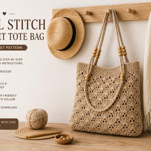 May include: A beige crochet tote bag with a shell stitch pattern and wooden bead accents on the straps. The image includes text: SHELL STITCH CROCHET TOTE BAG, CROCHET PATTERN, DETAILED STEP-BY-STEP WRITTEN INSTRUCTIONS, CLEAR PROCESS PHOTOS, MATERIALS & TOOLS LIST, BEGINNER FRIENDLY & EASY TO FOLLOW, INSTANT DOWNLOAD PDF FILE, HANDMADE WITH LOVE, STYLISH PRACTICAL HANDMADE.