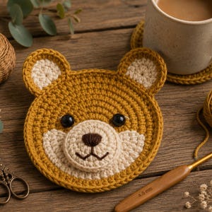 Puede incluir: Un posavasos de ganchillo de color amarillo mostaza con forma de cara de oso. Presenta orejas y hocico de color crema, dos ojos de plástico negro y una nariz y boca bordadas en marrón oscuro. Se ve un ganchillo de 4,5 mm en primer plano.