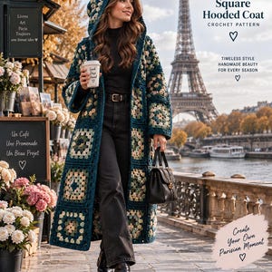 Pode incluir: Um casaco comprido com capuz feito de quadrados de crochet em tons de azul-petróleo escuro, creme e verde-sálvia. O casaco apresenta um capuz profundo, mangas compridas e frente aberta. O texto diz Granny Square Hooded Coat Crochet Pattern.