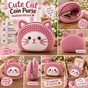 May include: A round, pink and white crocheted cat coin purse with a zipper closure, black bead eyes, and embroidered whiskers. The purse features pointed ears, a pink nose, and a white face patch. It is shown from multiple angles including front, back, and side views, with one image showing the interior lined with white fabric with pink polka dots.