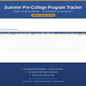 Simple Summer Pre College Program Tracker, No Tutorial Needed, Easy Spreadsheet, Excel Google Sheets