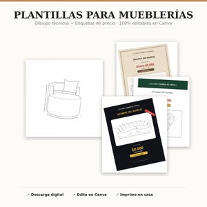 Puede incluir: Plantillas digitales para mueblerías con dibujos técnicos y etiquetas de precio. El texto dice PLANTILLAS PARA MUEBLERÍAS, Dibujos técnicos + Etiquetas de precio, 100% editables en Canva, Descarga digital, Edita en Canva, Imprime en casa.