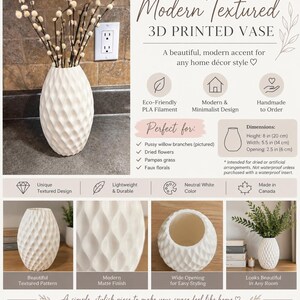 May include: A white 3D printed vase with a textured geometric pattern, matte finish, and wide opening. The vase measures 20 cm in height, 14 cm in width, and has a 6 cm opening. It is shown with pussy willow branches and green foliage.