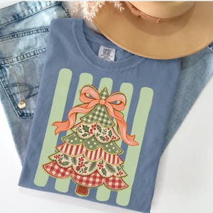 Coquette Christmas Tree Shirt, Comfort Colors Holiday Tee, Patchwork Christmas Tree Shirt, Bow Christmas Shirt, Cute Christmas Gift for Her
