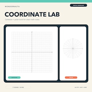 May include: A digital download titled COORDINATE LAB featuring Cartesian and polar coordinate grid tools for math notes. The graphic displays a square Cartesian grid on the left and a circular polar grid on the right, with 77 designs and 154 PNG files.