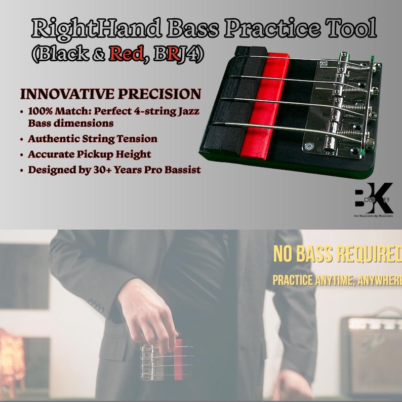 May include: A RightHand Bass Practice Tool (Black & Red, BRJ4) featuring four metal strings on a rectangular base with a chrome bridge. Text includes: INNOVATIVE PRECISION, 100% Match: Perfect 4-string Jazz Bass dimensions, Authentic String Tension, Accurate Pickup Height, Designed by 30+ Years Pro Bassist, NO BASS REQUIRED, PRACTICE ANYTIME, ANYWHERE.