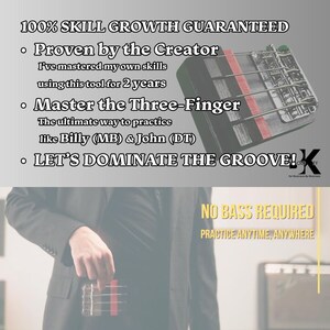 May include: A black rectangular bass practice tool with four metal strings and red markers. Text reads: 100% SKILL GROWTH GUARANTEED, Proven by the Creator, Master the Three-Finger, LET'S DOMINATE THE GROOVE!, NO BASS REQUIRED, PRACTICE ANYTIME, ANYWHERE.