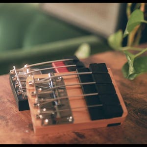 May include: Two rectangular wooden musical instruments with metal tines and black keys. The front instrument features a light wood base, while the rear instrument has a dark wood base with a red accent. Both have silver metal hardware components.